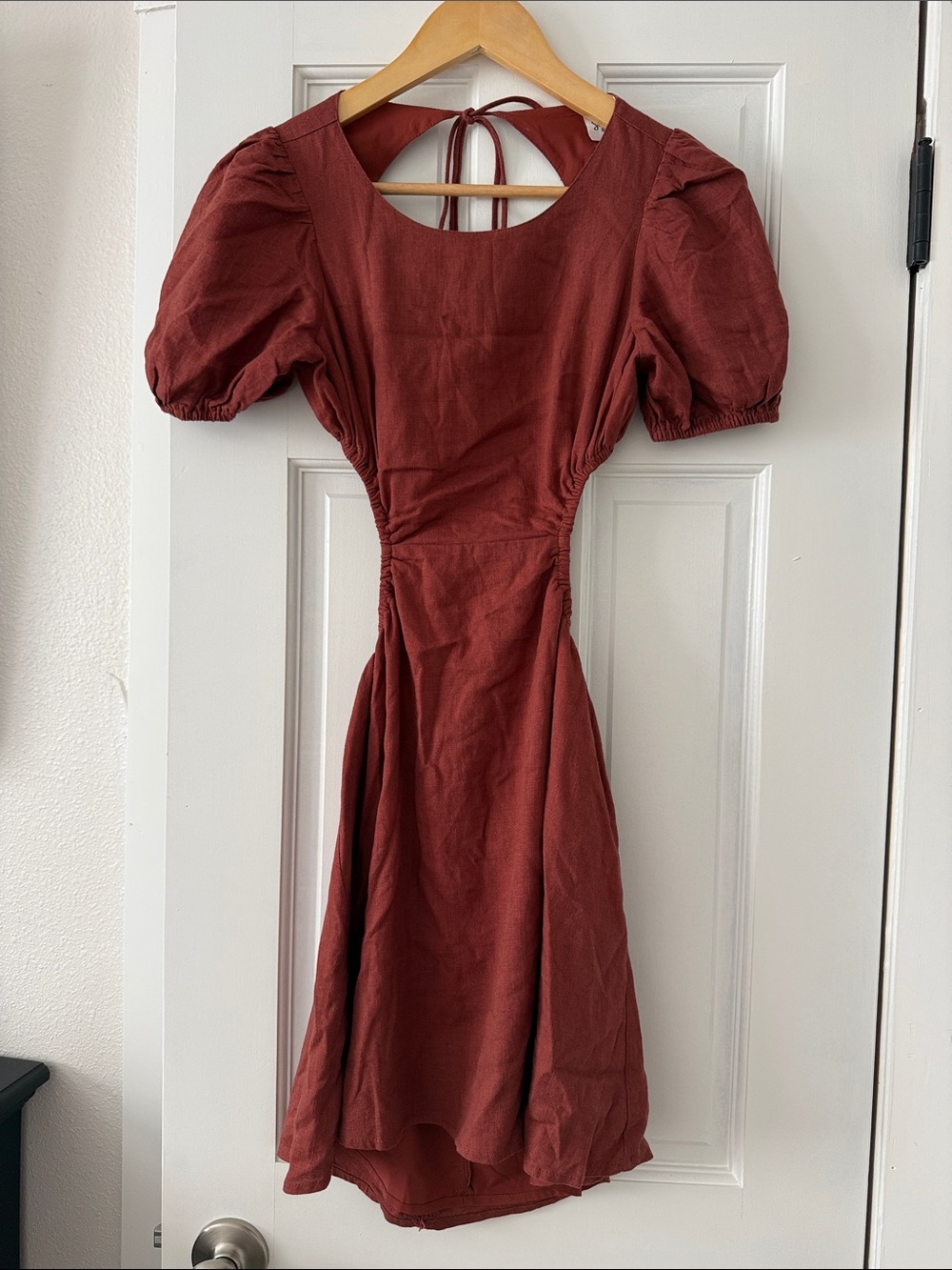 Rust High-Low Puff Sleeve Dress with Tie Back